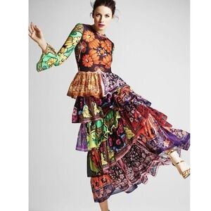 MISSLOOK Women Multicolor Floral Patchwork Long Sleeve Tiered Dress Size 6